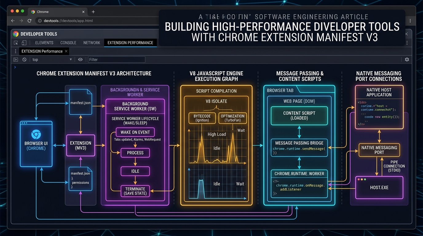 Chrome Extension Manifest V3 architecture, service worker lifecycle, and native messaging diagram